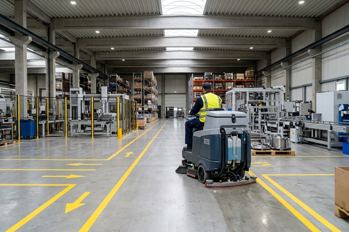 Aufsitz-Kehrsaugmaschine reinigt den Boden einer Industriehalle entlang markierter Verkehrswege