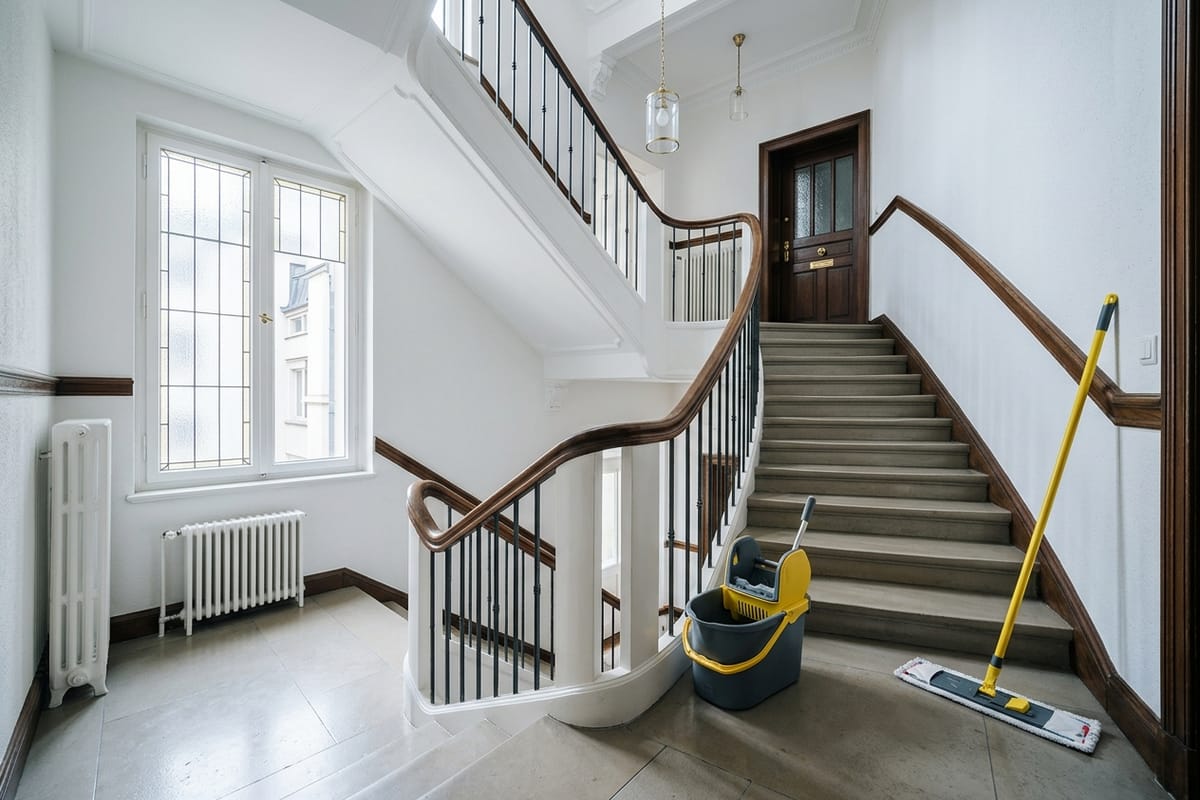 Frisch gewischtes Treppenhaus eines Altbau-Mehrfamilienhauses mit Holzhandlauf, Rollwagen und Wischmopp