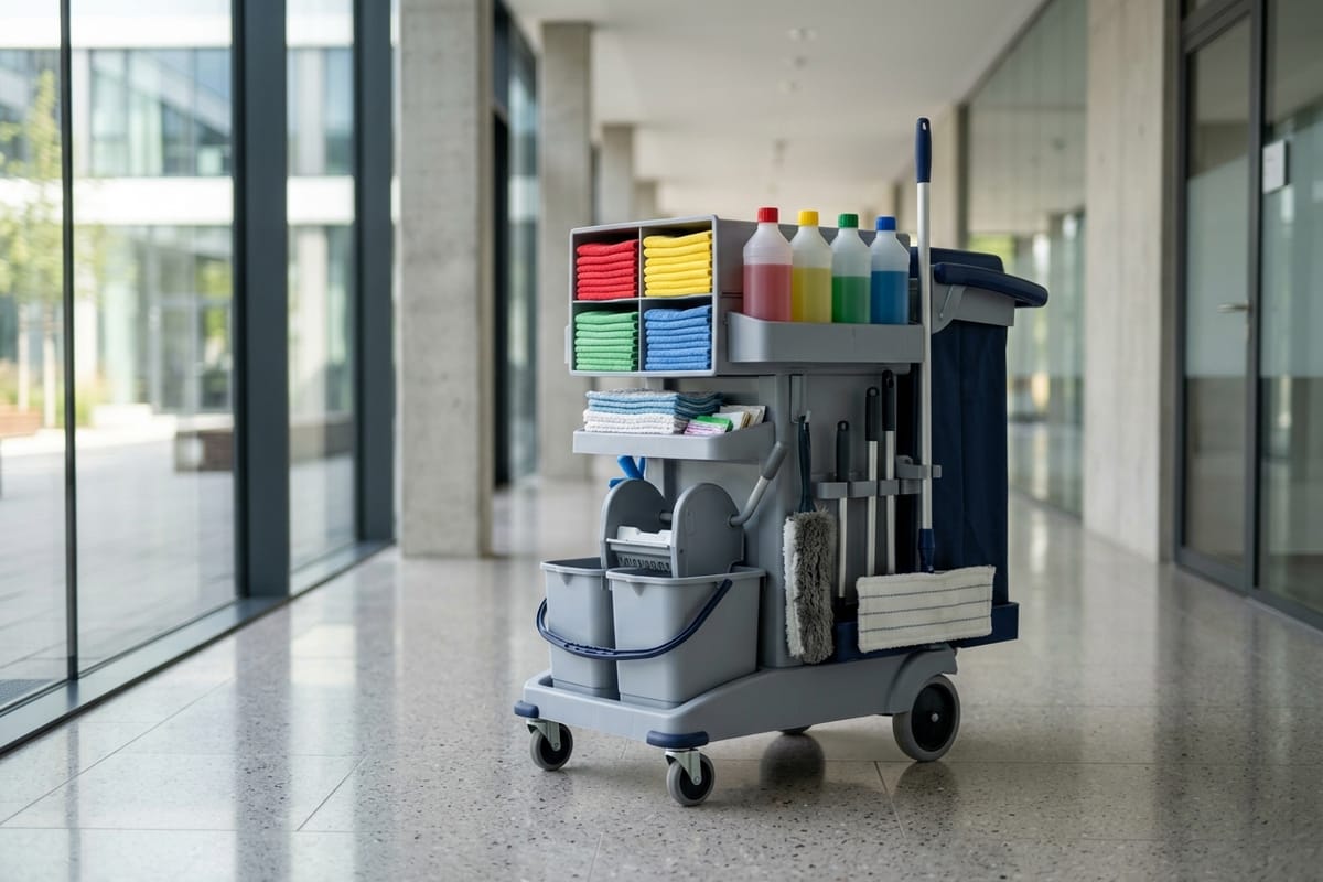 Vollständig bestückter Reinigungswagen mit Mopppresse, Mikrofasertüchern und dosierten Reinigungsmitteln in einem hellen Flur