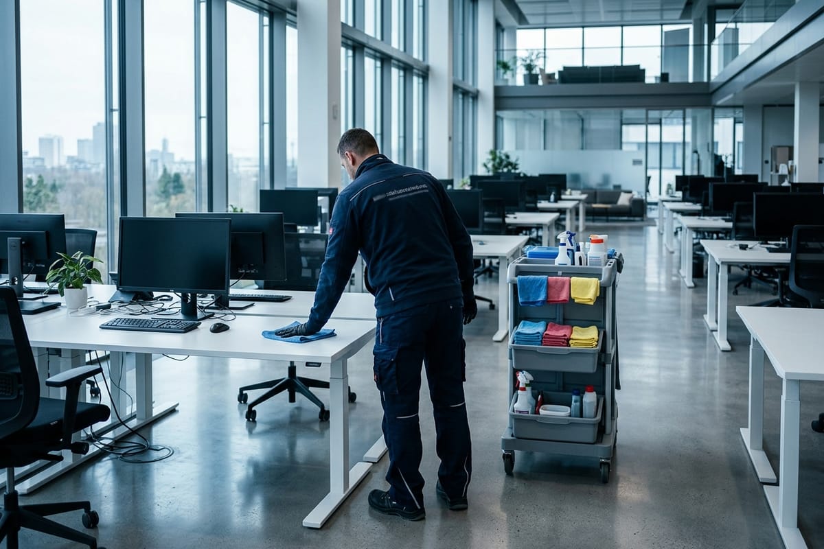 Reinigungskraft mit voll ausgestattetem Reinigungswagen bei der Unterhaltsreinigung in einem hellen Büro