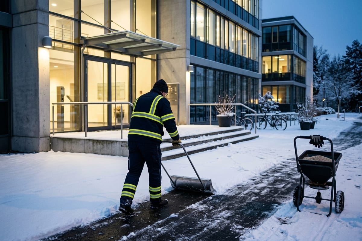 Mitarbeiter räumt im Morgenlicht frisch gefallenen Schnee vom Zugang eines Bürogebäudes