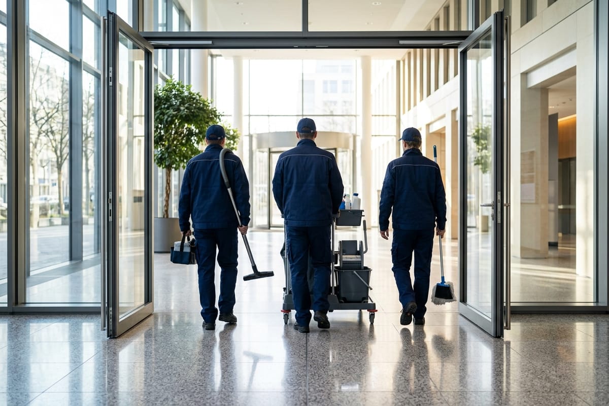 Reinigungskräfte betreten frühmorgens ein Bürogebäude, von hinten fotografiert