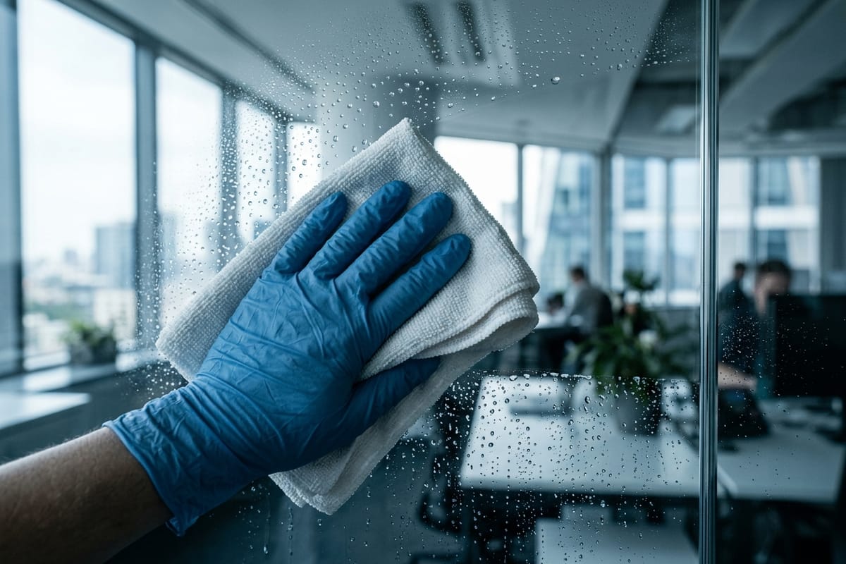 Nahaufnahme einer Hand im Arbeitshandschuh, die mit einem Tuch über eine Glasscheibe wischt