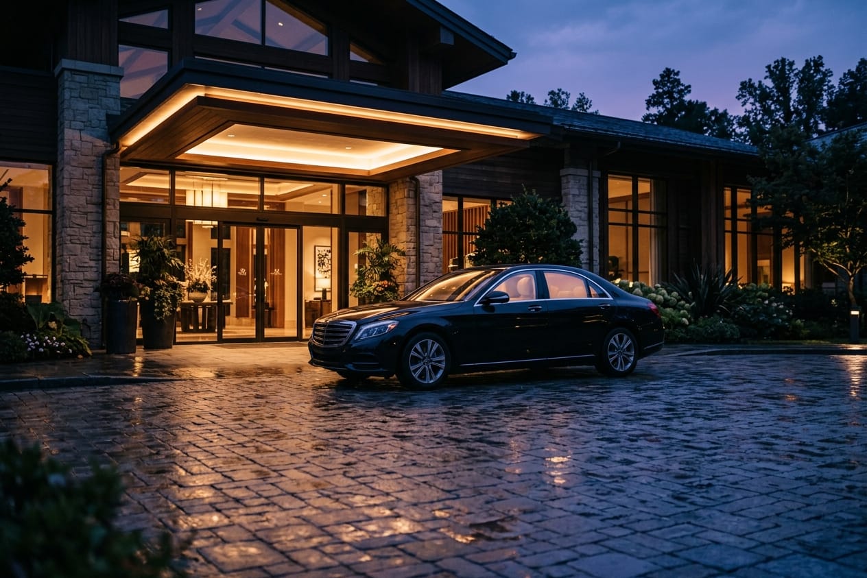 Dunkle Luxuslimousine bei Nacht vor einer festlich beleuchteten Location in Berlin