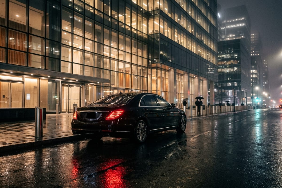 Dunkle Luxuslimousine bei Abendlicht vor einem Berliner Bürogebäude, bereit zur Übergabe