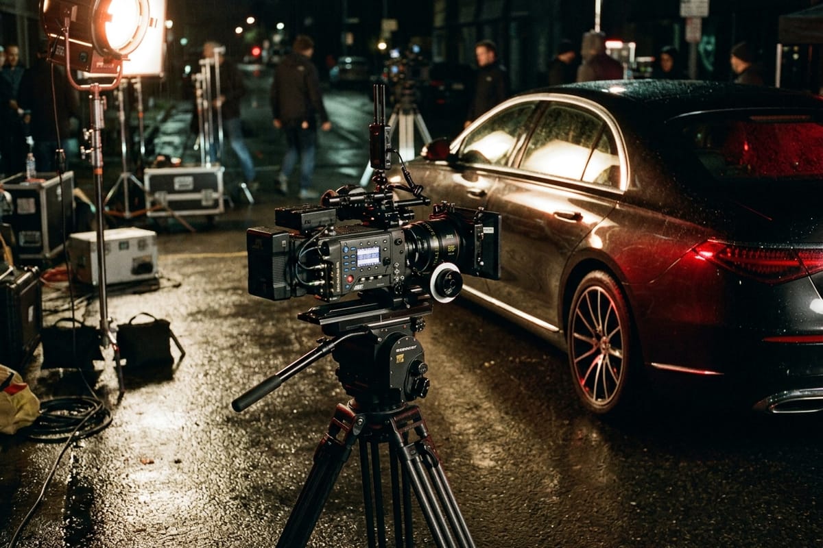 Filmkamera auf Stativ vor einem dunklen Premium-Fahrzeug bei einem nächtlichen Dreh in Berlin
