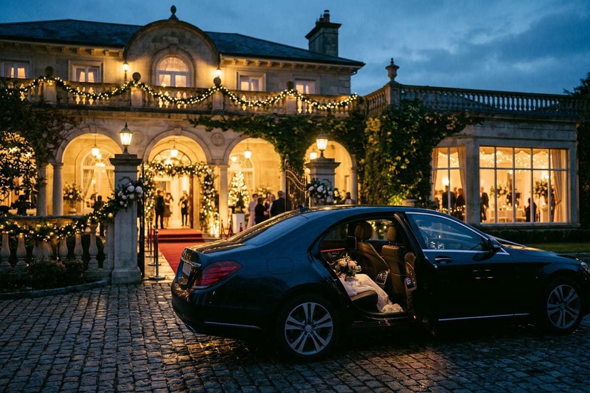 Chauffeur öffnet die hintere Tür einer dunklen Luxuslimousine vor einer festlichen Kulisse