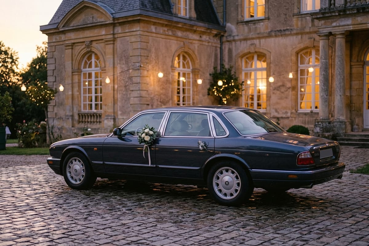 Elegante dunkle Luxuslimousine mit dezentem Blumenschmuck vor einer Berliner Trauungslocation im Abendlicht