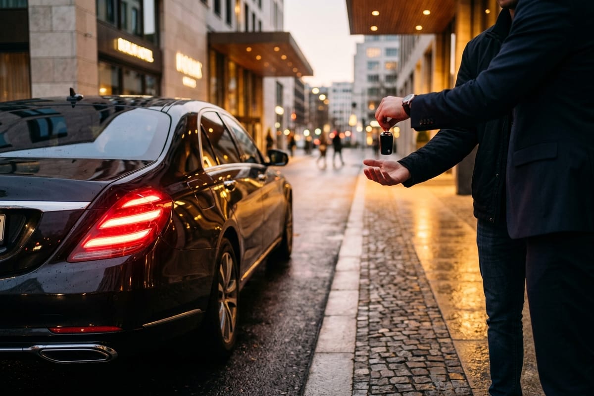 Schlüsselübergabe an einem dunklen Premiumfahrzeug vor einem Berliner Hoteleingang am Abend