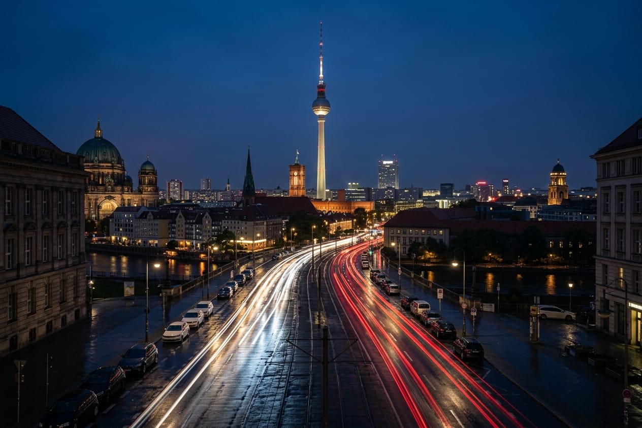 Dunkler Sportwagen bei Nacht auf nassem Asphalt vor der Berliner Skyline
