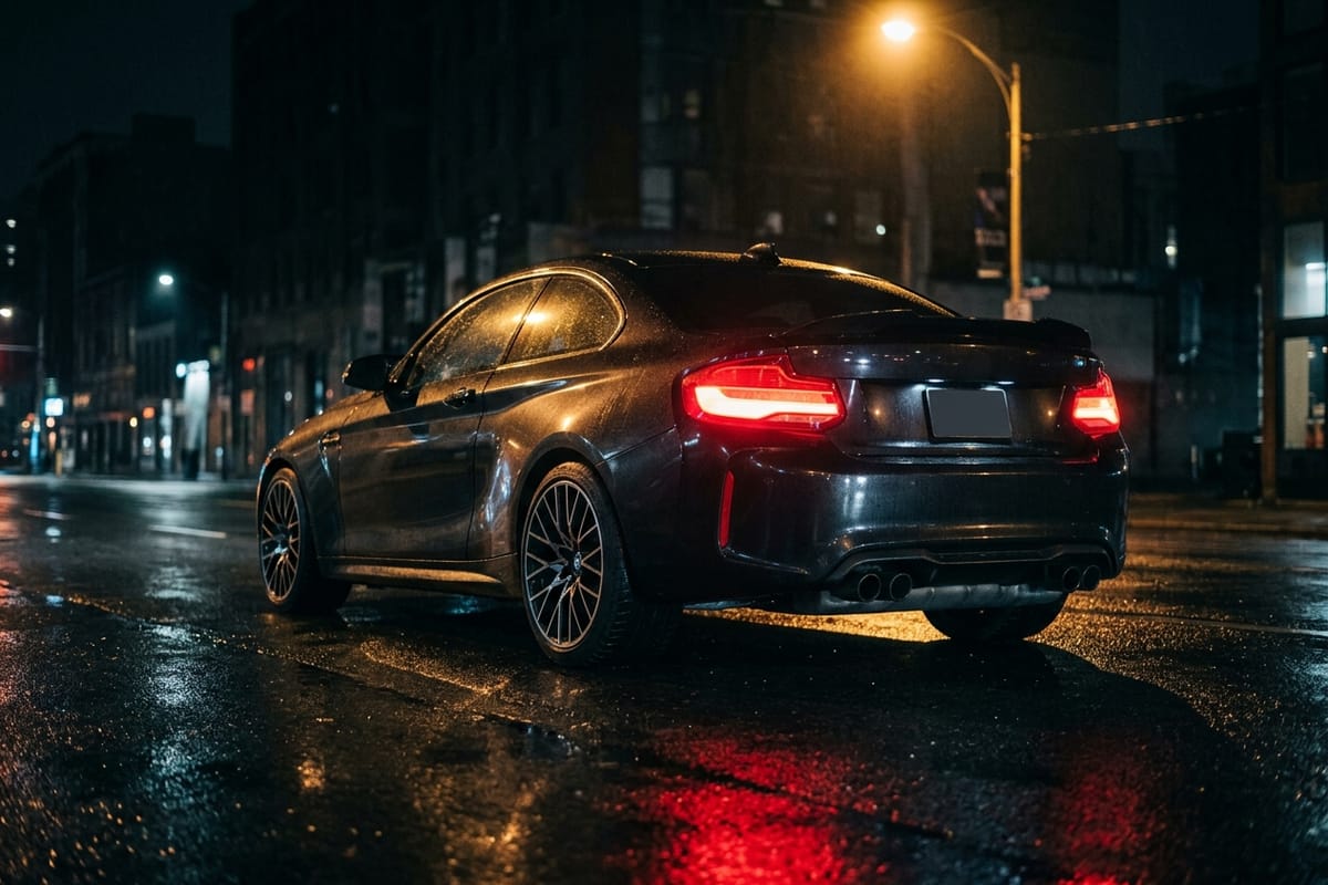 Dunkles Sportcoupé bei Nacht mit kühlem Streiflicht auf nassem Asphalt