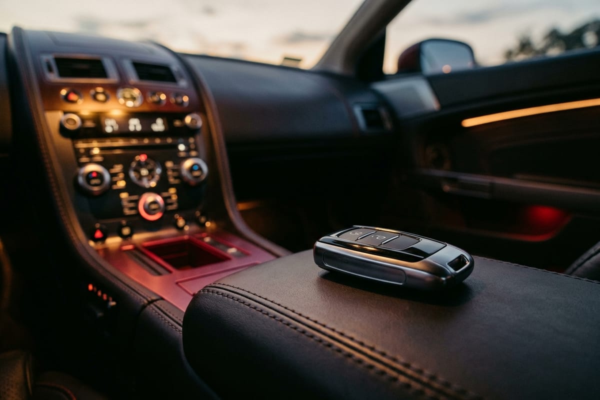 Fahrzeugschlüssel auf dunklem Leder in der Mittelkonsole eines Premiumfahrzeugs