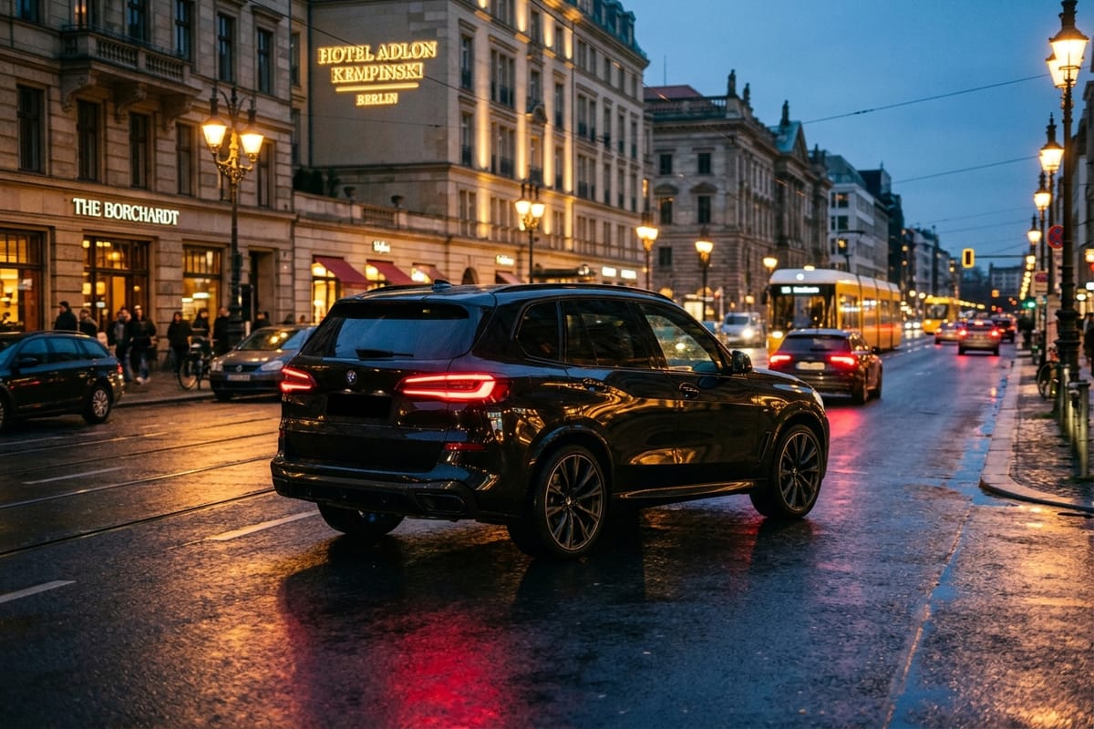 Dunkler Premium-SUV auf einer nächtlichen Berliner Allee mit kühlem Streiflicht