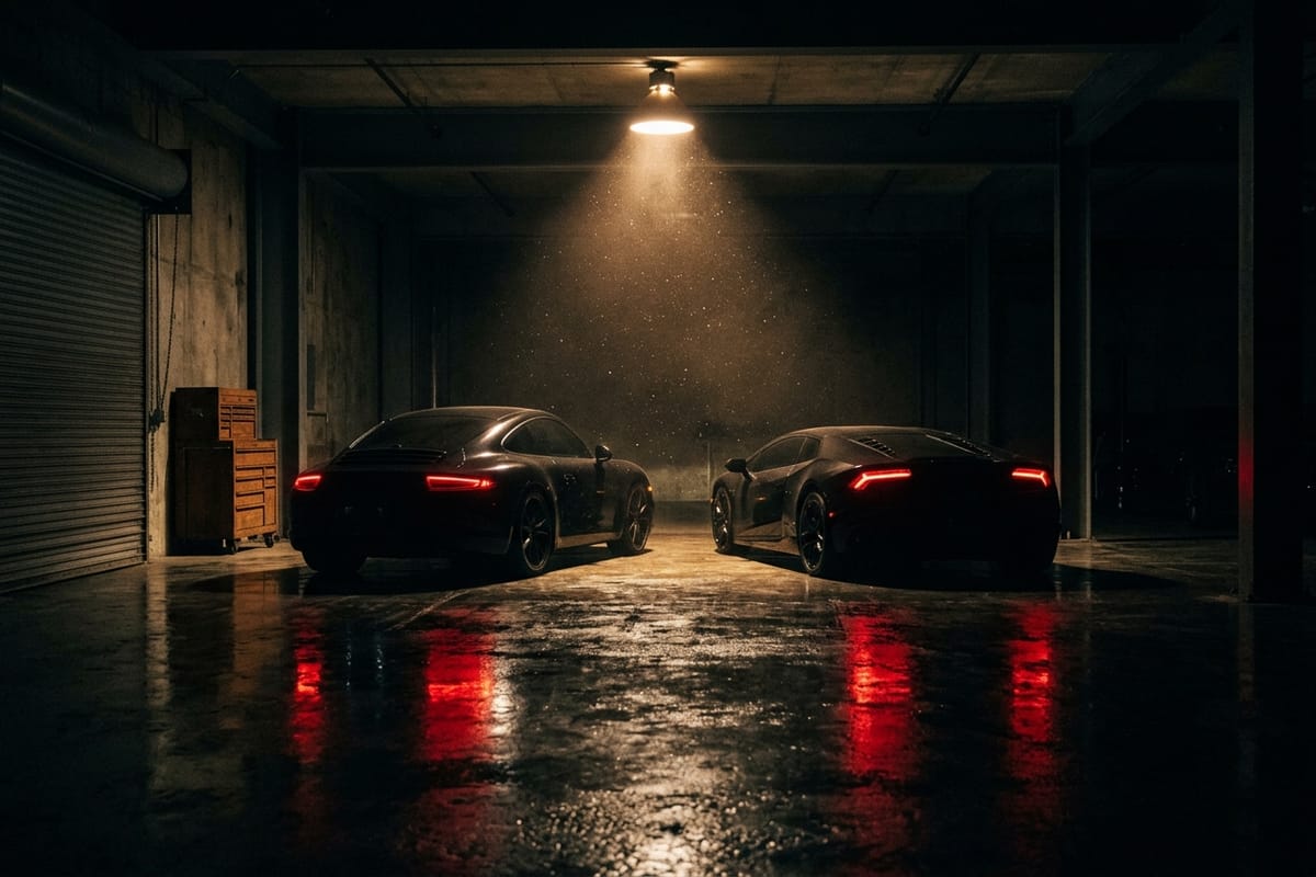 Dunkler Premium-Sportwagen bei Nacht auf nassem Asphalt unter kühlem Streiflicht in Berlin