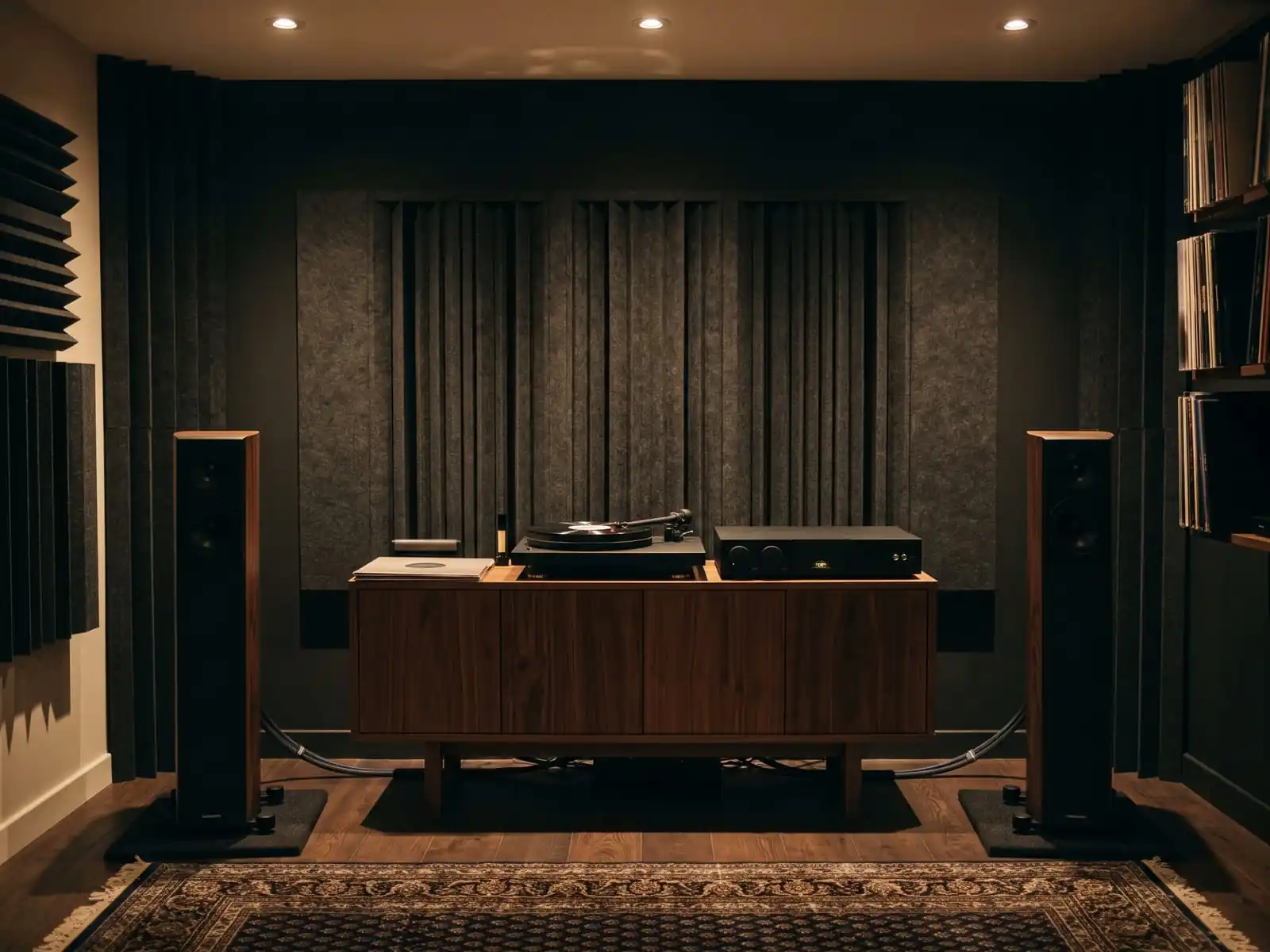 Hörstudio mit Standlautsprechern und Elektronik auf dem Sideboard