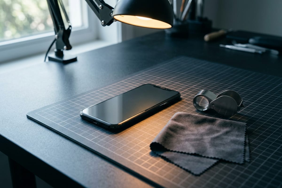 Ein Smartphone liegt zur Zustandsprüfung unter der Arbeitsleuchte auf der Schneidematte des Werktischs, daneben liegen eine Lupe und zwei Mikrofasertücher.