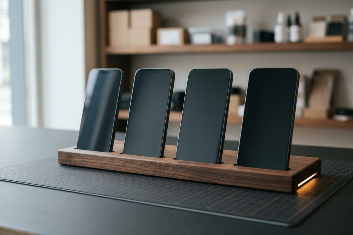 Mehrere Smartphones mit dunklen Bildschirmen stehen nebeneinander in einem Holzständer auf dem Ladentresen.