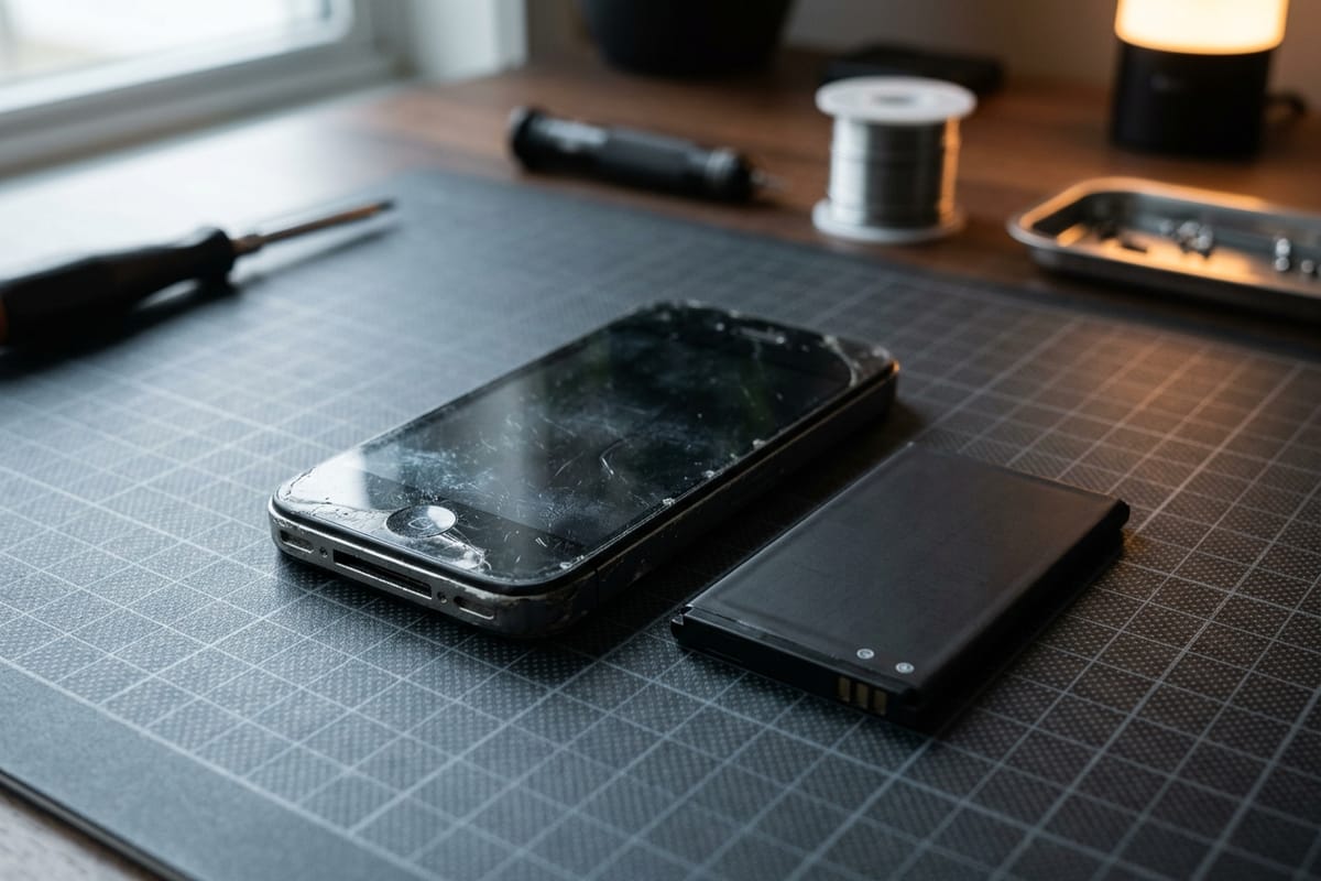 Ein älteres Smartphone mit sichtbaren Gebrauchsspuren liegt neben einer neuen Ersatzakkuzelle.