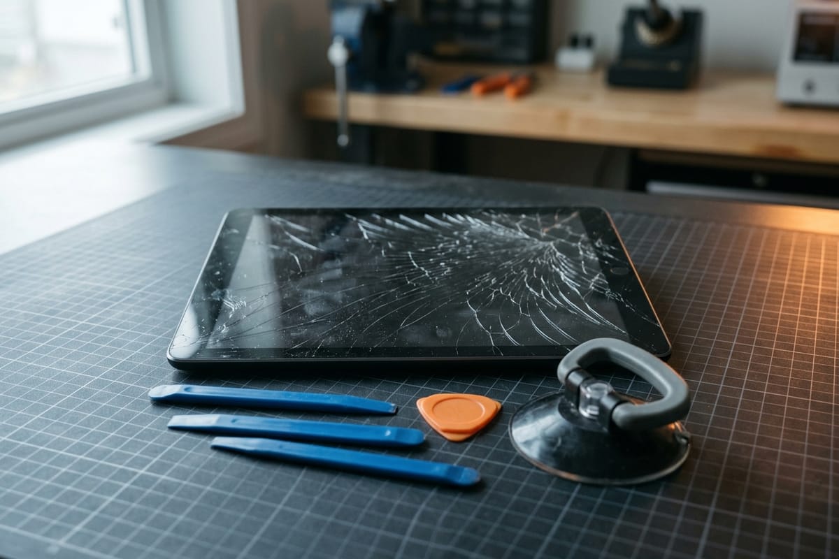 Ein Tablet mit gesprungenem Frontglas liegt flach auf der Reparaturmatte, am Rand liegen ein Saugnapf und lange Öffnungsplättchen.