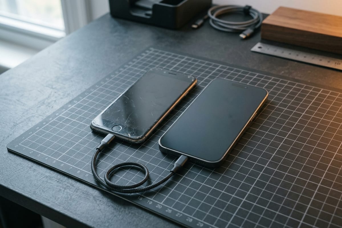 Zwei Smartphones liegen nebeneinander auf dem Tresen, dazwischen verbindet sie ein Datenkabel.