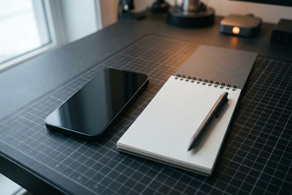 Ein Smartphone mit dunklem Bildschirm liegt neben einem Notizblock und einem Stift zur Abgabe bereit.