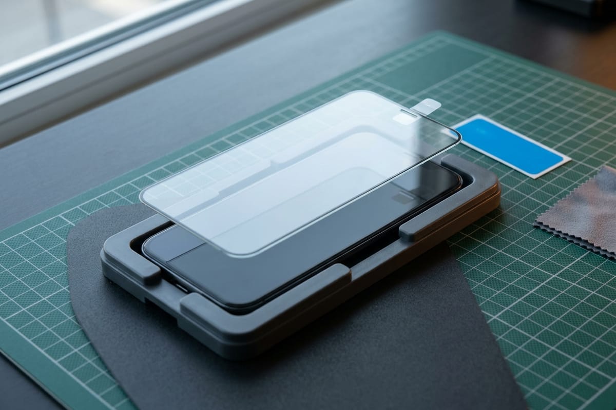 Ein Schutzglas wird mit einem aufgesetzten Montagerahmen über dem Bildschirm eines Smartphones ausgerichtet.
