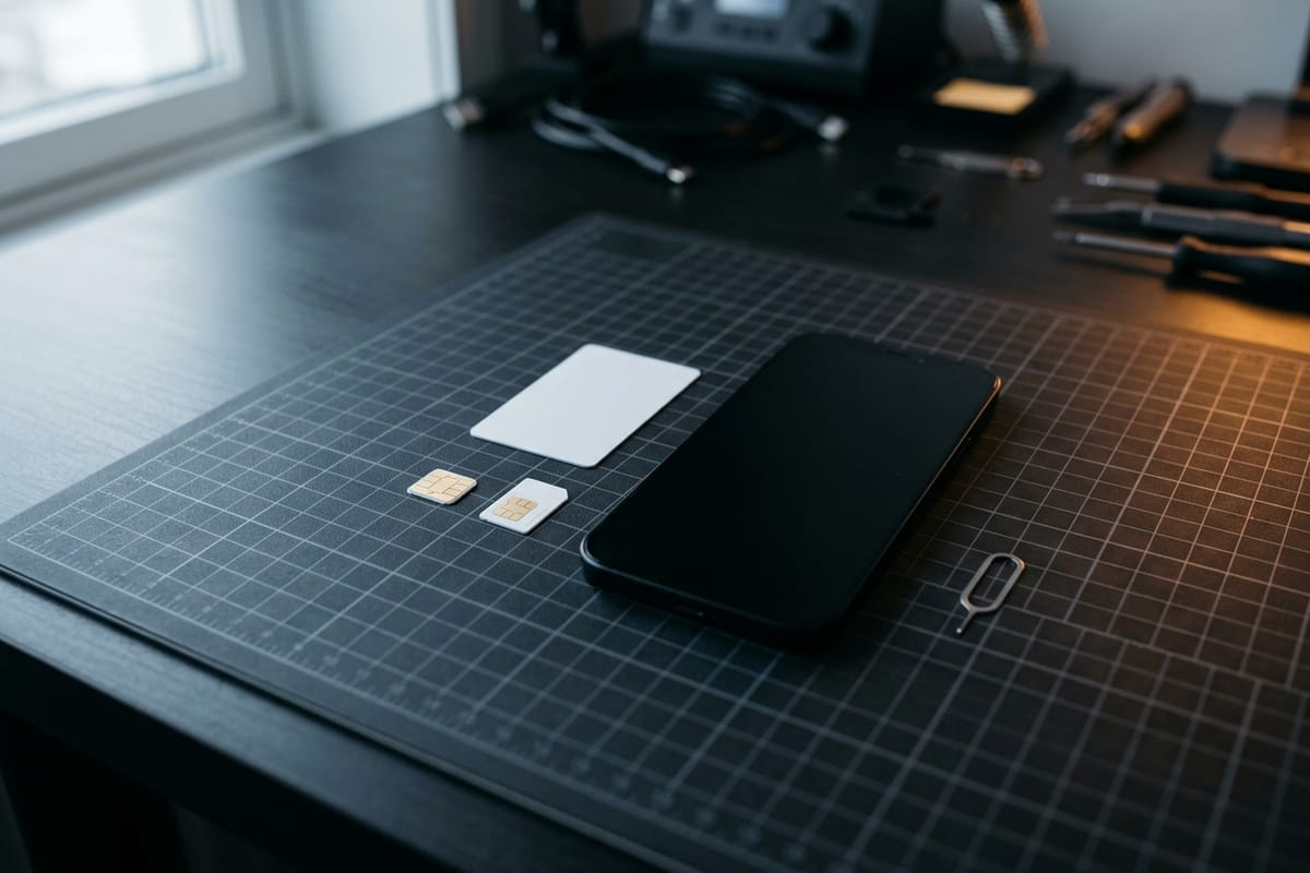 Zwei SIM-Karten, eine Aktivierungskarte und ein Smartphone liegen mit dem Öffnungswerkzeug für den Kartenschlitten auf der Schneidematte der Werkbank.