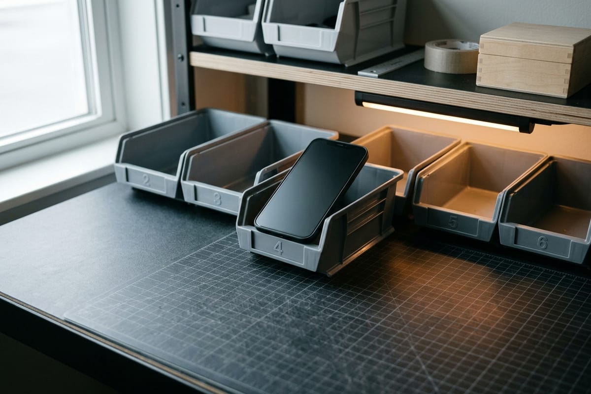 Ein Smartphone steckt in einer nummerierten Sortierschale auf der Werkbank, daneben stehen weitere nummerierte Schalen im Regal.