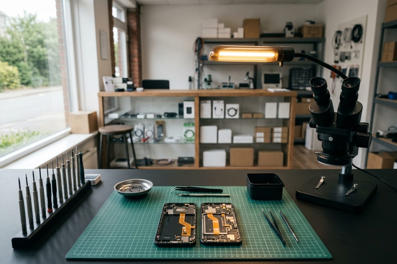 Blick über die Werkbank mit zerlegten Smartphones auf der Schneidematte, Präzisionswerkzeug und Mikroskop, dahinter der Ladentresen.