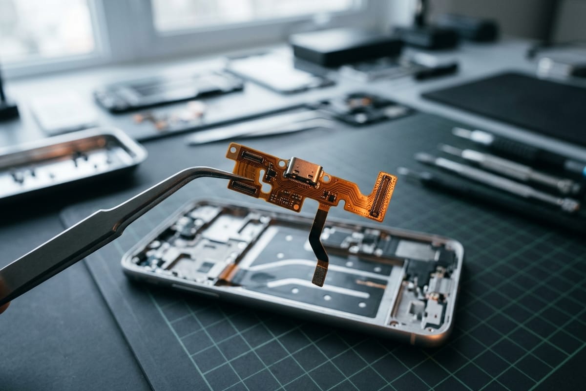 Eine Pinzette hält ein orangefarbenes Flexkabel mit USB-C-Buchse über ein geöffnetes Smartphone auf der Reparaturmatte.
