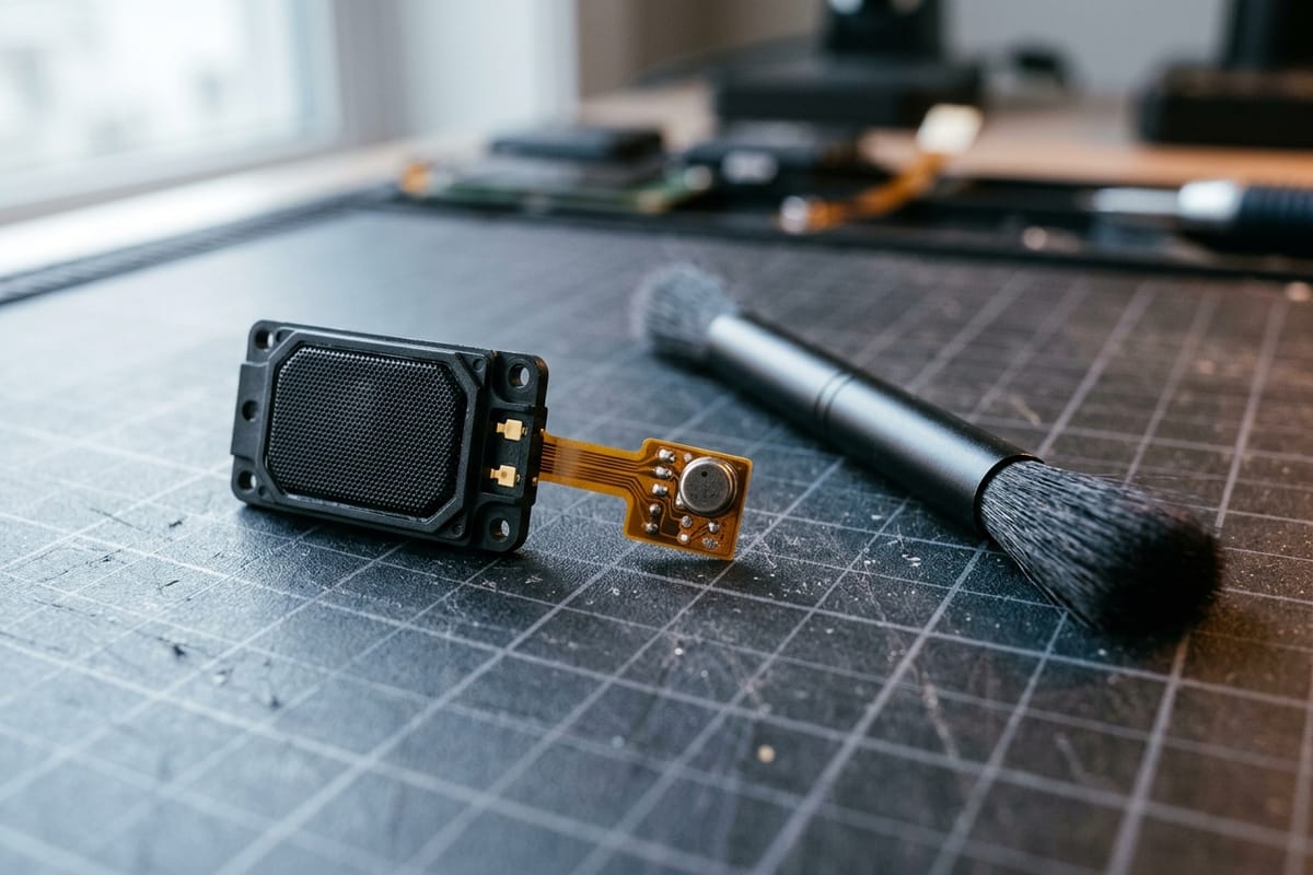 Ein Lautsprechermodul mit feinem Staubgitter liegt neben einem Mikrofon auf einem Flexband, daneben ein schmaler Reinigungspinsel.