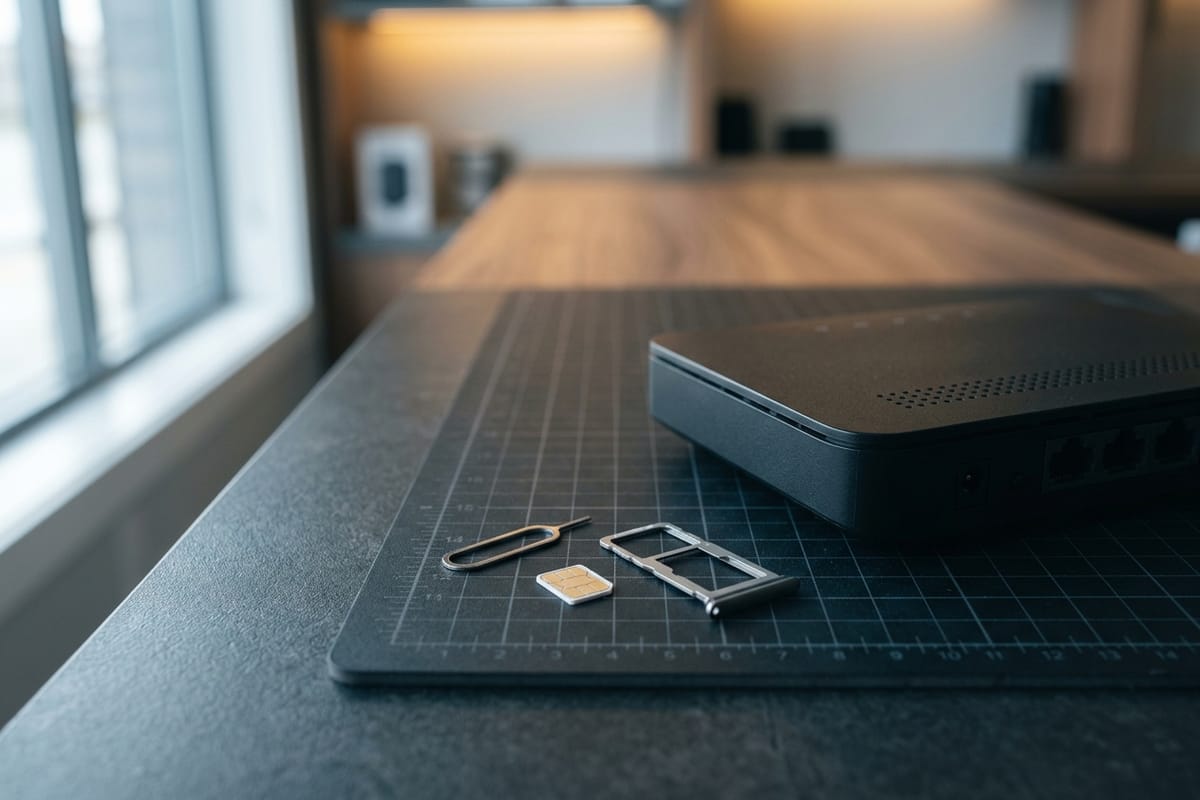 Geöffnete SIM-Schublade mit einer Nano-SIM und einem Auswurfstift auf dem Ladentresen, dahinter steht ein Router.