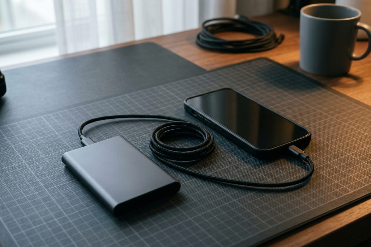 Ein Smartphone liegt auf einer Schreibtischunterlage und ist über ein Kabel mit einer kleinen externen Festplatte verbunden.