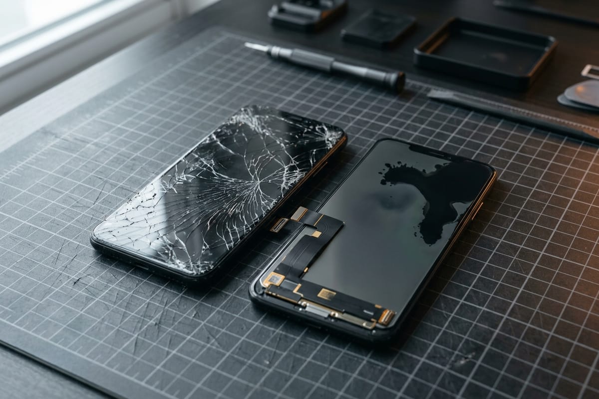 Zwei Displayeinheiten liegen nebeneinander, bei der einen ist das Glas gesprungen, bei der anderen zeigt das Panel einen dunklen Fleck.