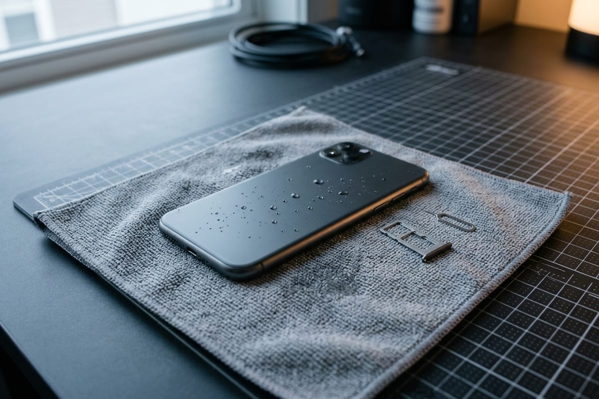Ein Smartphone liegt mit dem Display nach unten auf einem saugfähigen Tuch, daneben die entnommene SIM-Schublade.