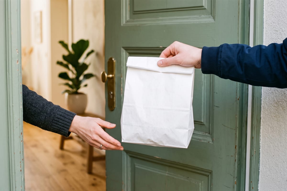 Übergabe an einer salbeigrünen Haustür: Eine Hand reicht eine verschlossene weiße Papiertüte ohne Aufdruck an eine Hand im Hausflur