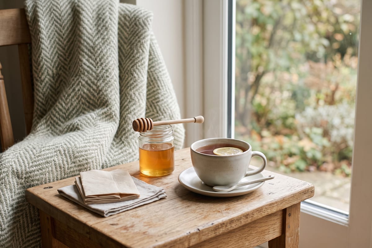 Tasse Tee mit Zitronenscheibe, ein Glas Honig mit Honiglöffel und gefaltete Papiertaschentücher auf einem Holzhocker am Fenster