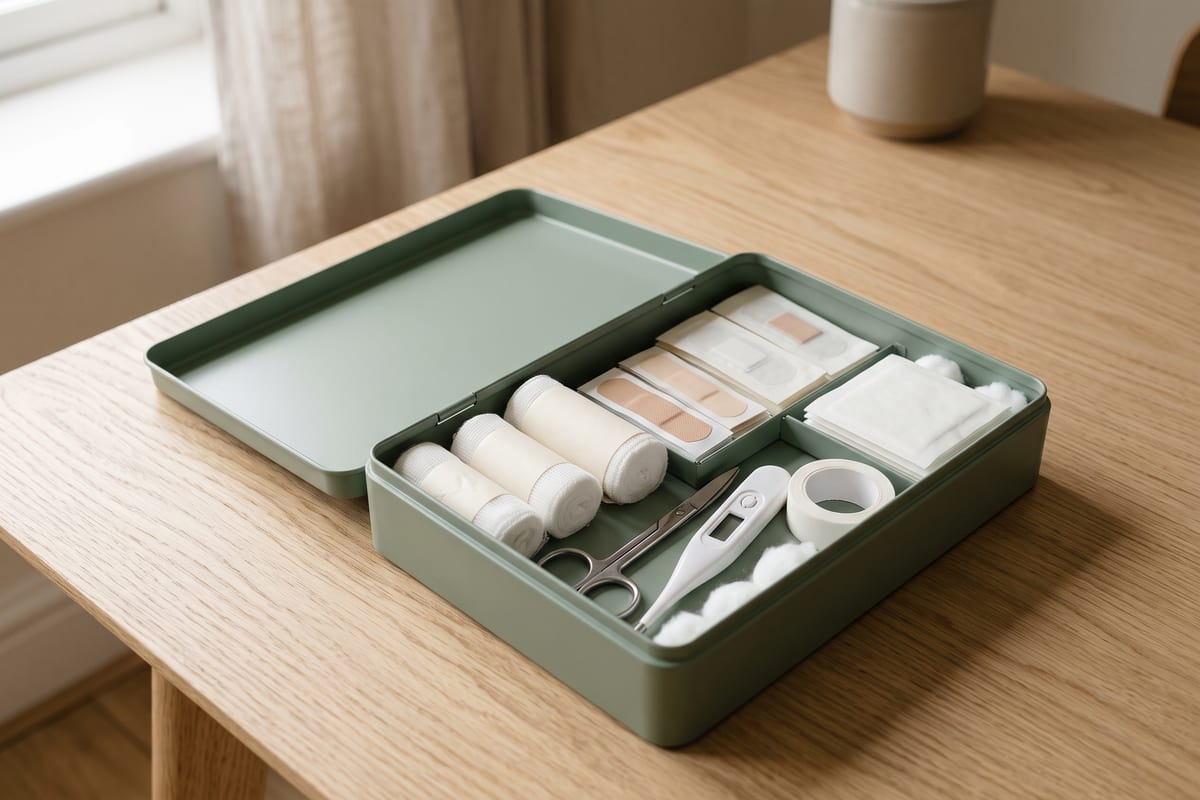 Geöffnete salbeigrüne Box mit Mullbinden, Pflastern, Kompressen, Schere, Wattebäuschen und einem digitalen Fieberthermometer auf einem Holztisch