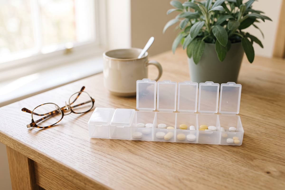 Wochendosierer mit Tabletten auf einem Küchentisch, daneben eine Brille