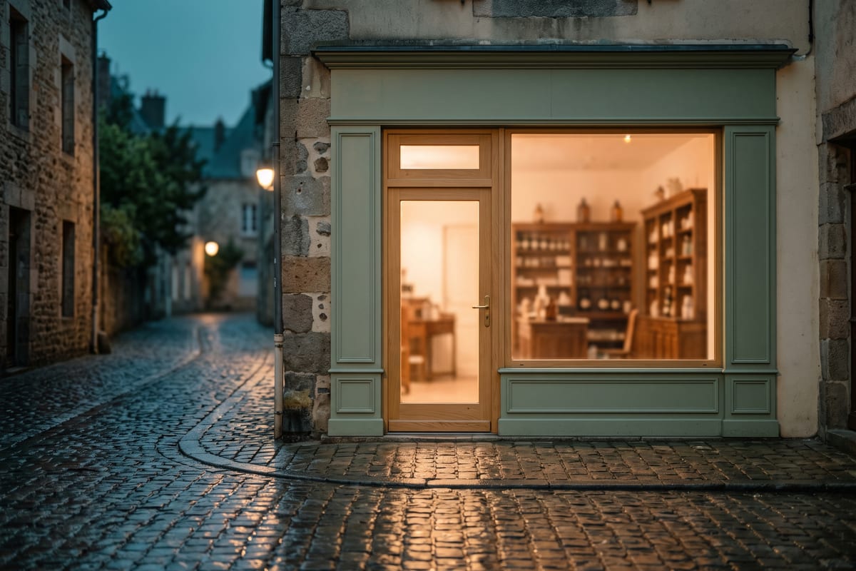 Warm beleuchtetes Fenster neben einem Apothekeneingang bei Nacht
