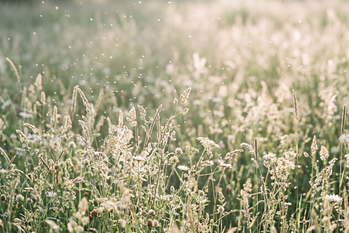 Blühende Gräser auf einer Wiese im Gegenlicht, in der Luft schweben Pollen
