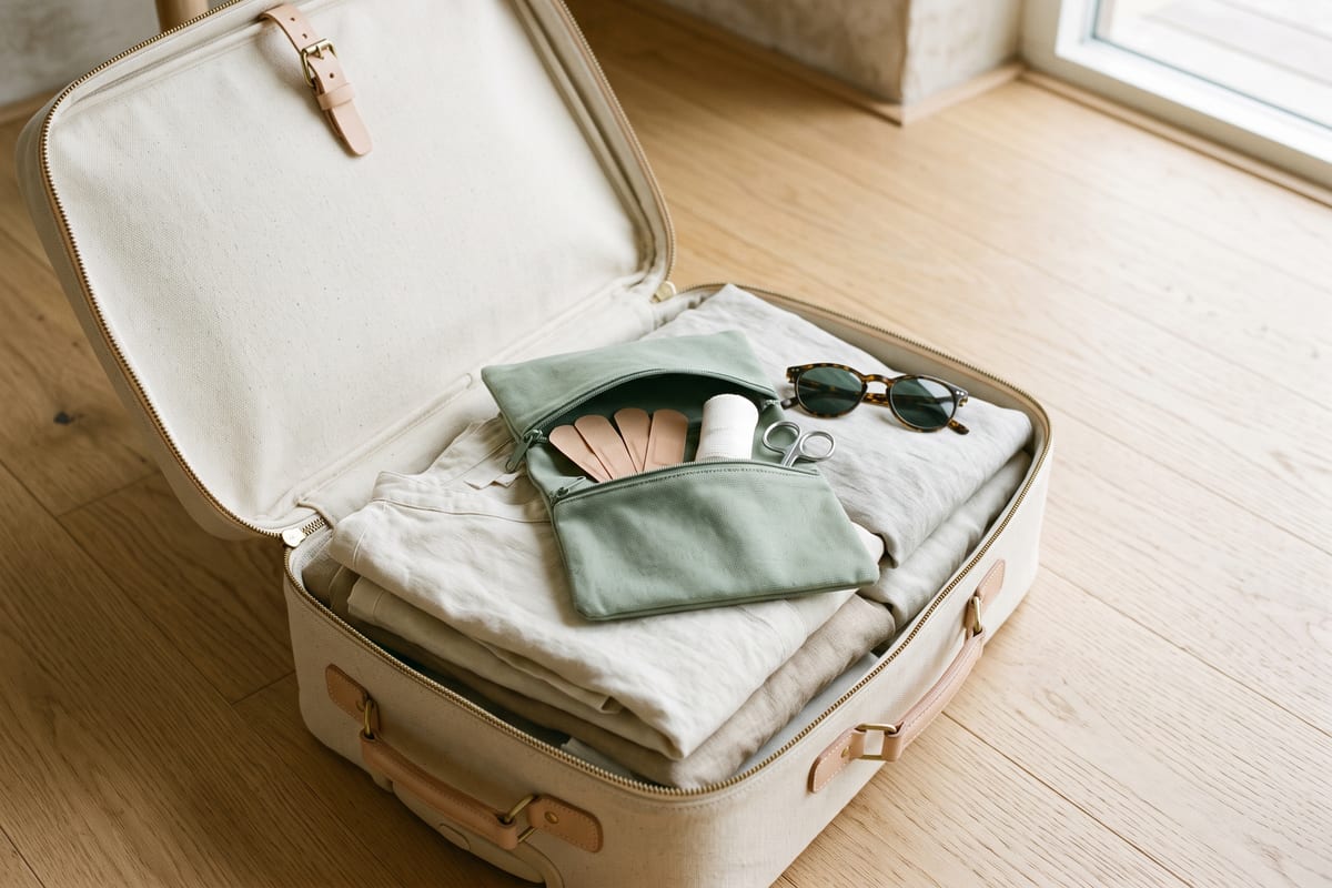 Geöffneter heller Koffer mit gefalteter Kleidung, darauf ein grünes Täschchen mit Pflastern, einer Mullbinde und einer kleinen Schere sowie eine Sonnenbrille