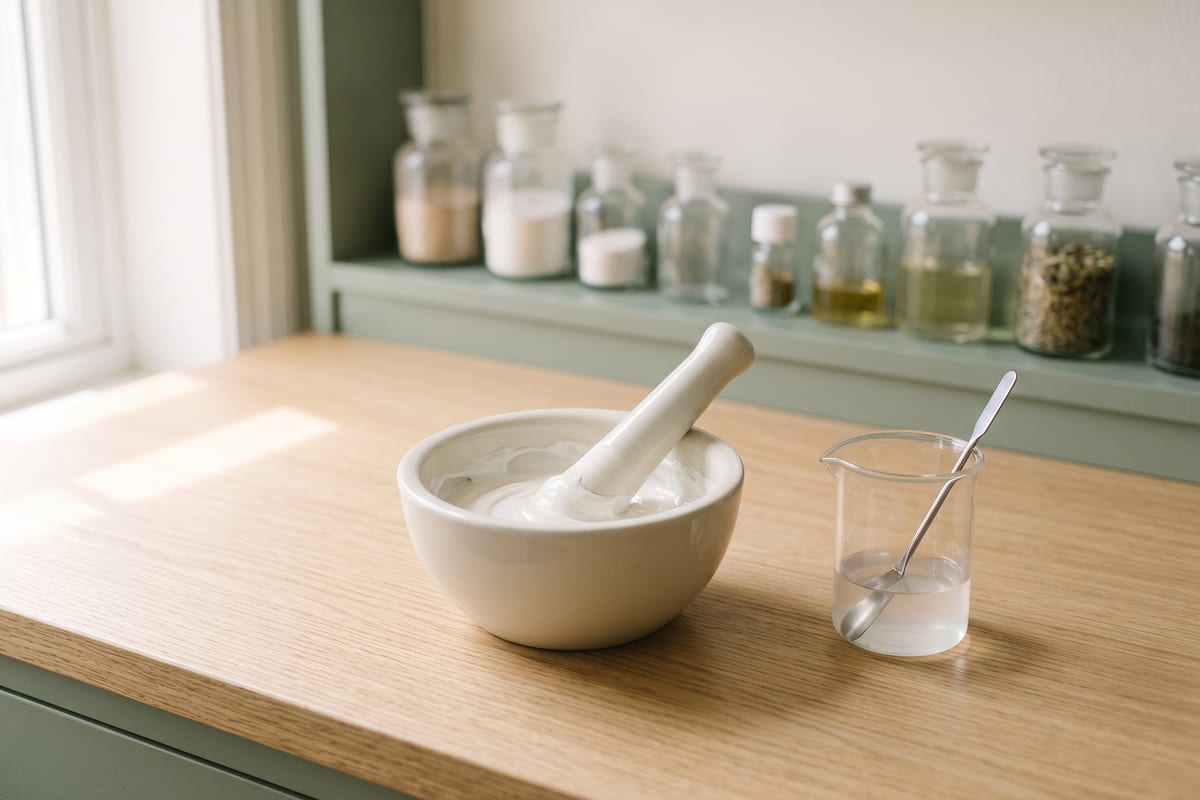 Weißer Porzellanmörser mit Pistill und weißer Creme auf einer hellen Arbeitsfläche, daneben ein Becherglas mit Spatel, dahinter Standgefäße aus Glas auf einem grünen Wandbord