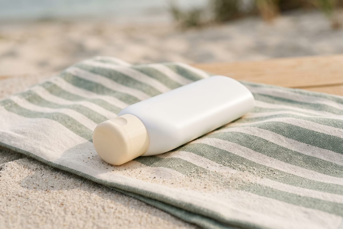 Unbeschriftete weiße Sonnencremeflasche auf einem grün-weiß gestreiften Strandtuch im Sand