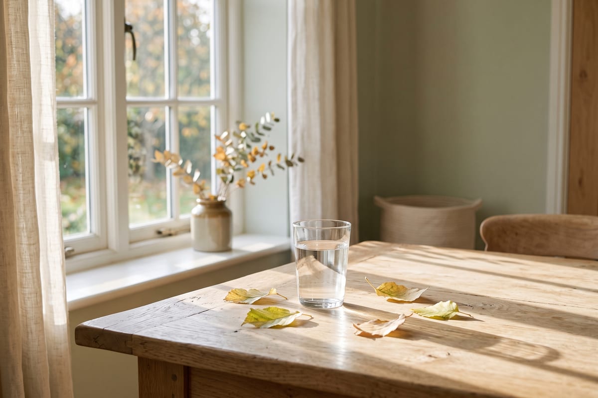 Tiefstehende Herbstsonne fällt durch ein Sprossenfenster auf einen Holztisch mit einigen Blättern und einem Glas Wasser, auf der Fensterbank eine Vase mit Zweigen
