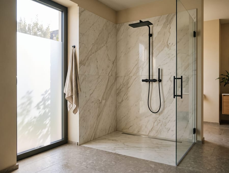 Bodenbündige Dusche mit Wänden aus Naturstein