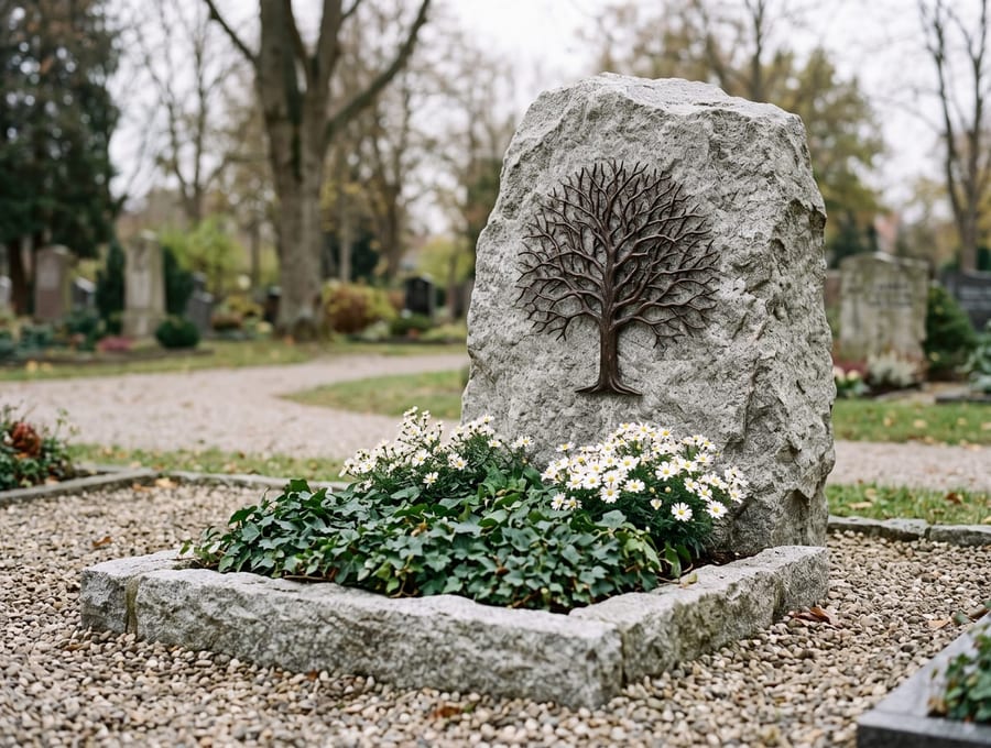 Grabmal aus einem Findling mit Bronze-Baum und eingehauenem Namen