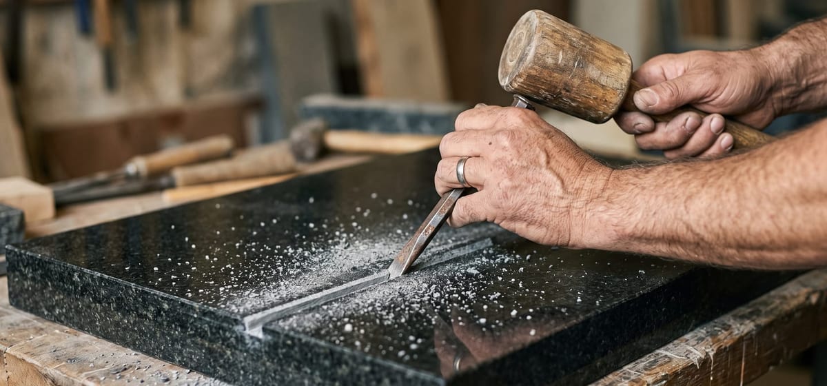 Steinmetz arbeitet die Schrift von Hand in ein Grabmal aus schwarzem Granit