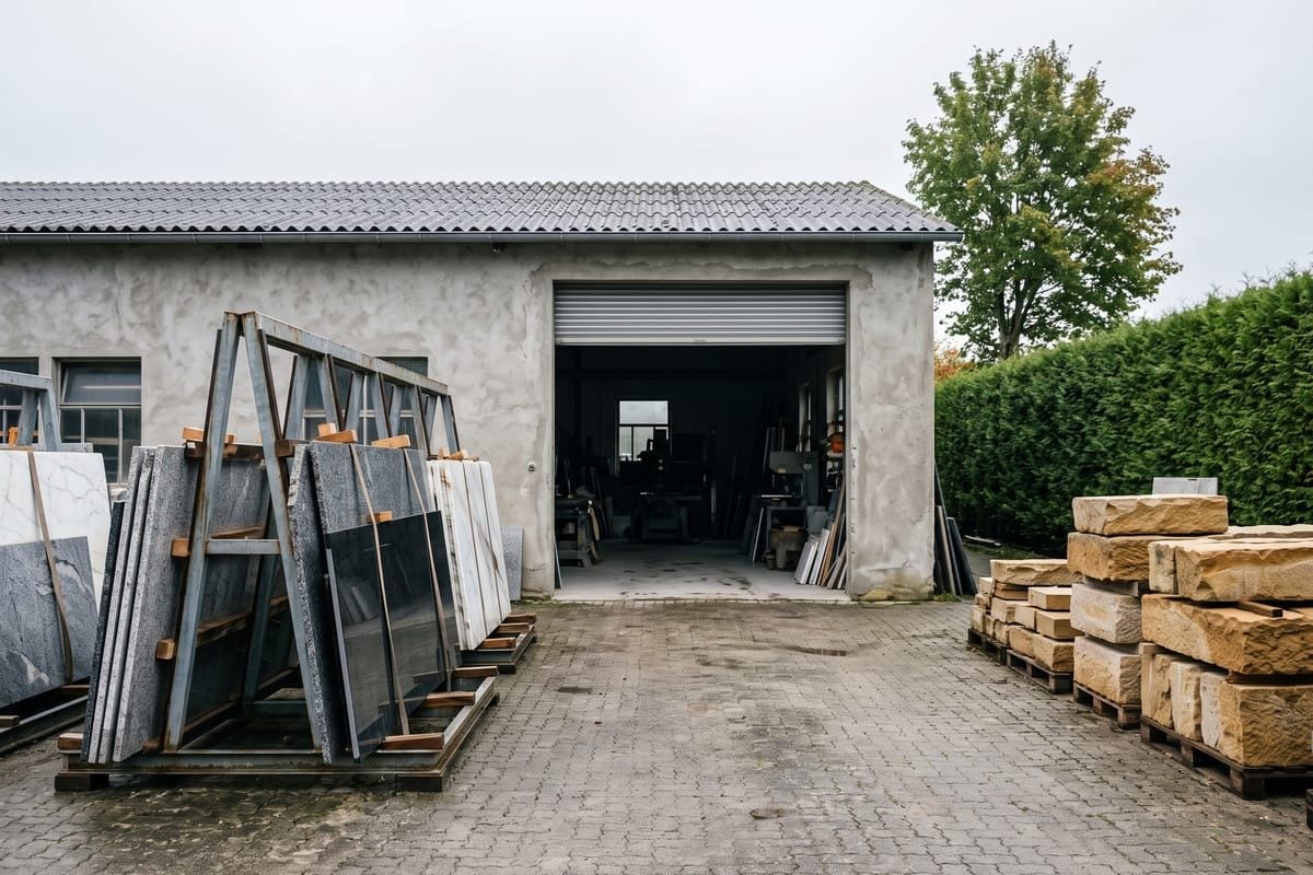 Ausstellung und Hof von Steinhold Natursteine in Sarstedt