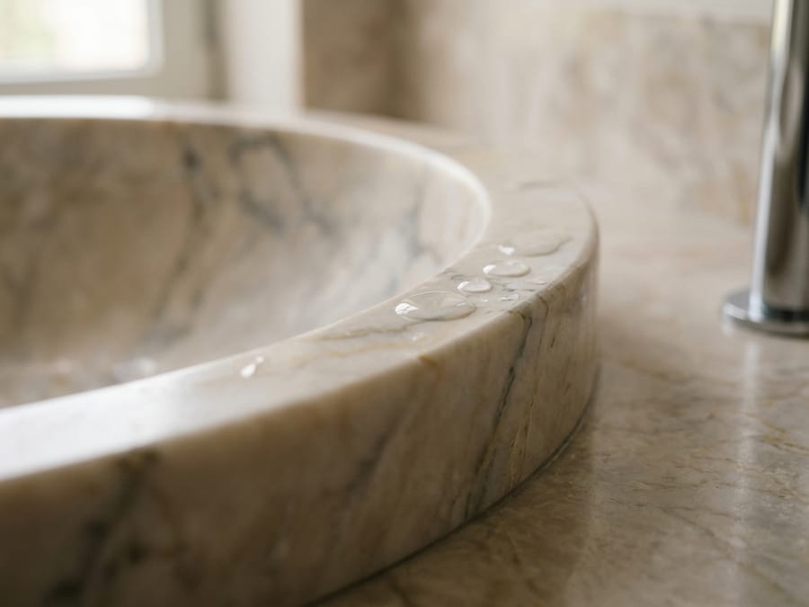 Waschtisch aus Naturstein mit randlos eingearbeitetem Becken und feiner Steinmaserung